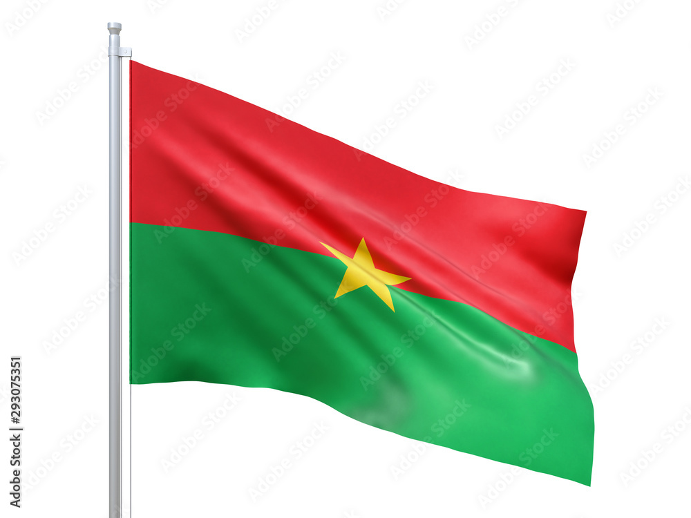 Burkina Faso flag waving on white background, close up, isolated. 3D render Burkina Faso flag waving on white background, close up, isolated. 3D render
