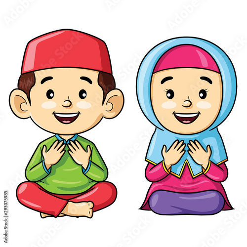 Muslim kids cartoon sitting while pray