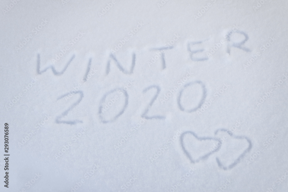 text winter 2020 two hearts on snow