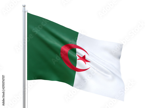 Algeria flag waving on white background, close up, isolated. 3D render photo