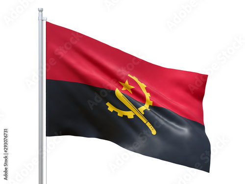 Angola flag waving on white background, close up, isolated. 3D render