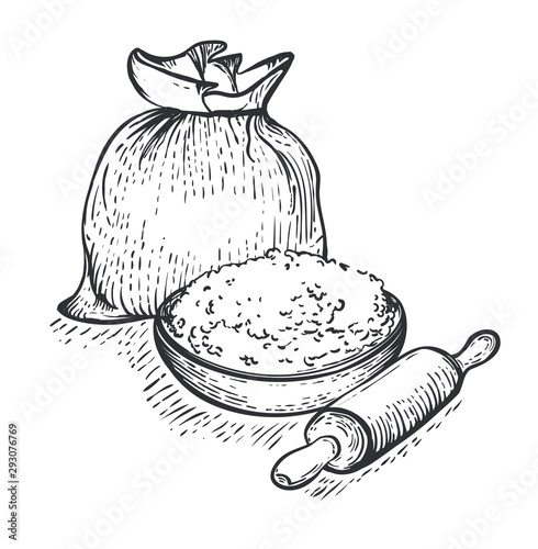 Bag of burlap with bowl of flour and rolling pin isolated on white background. Hand draw vector illustration in engraving style