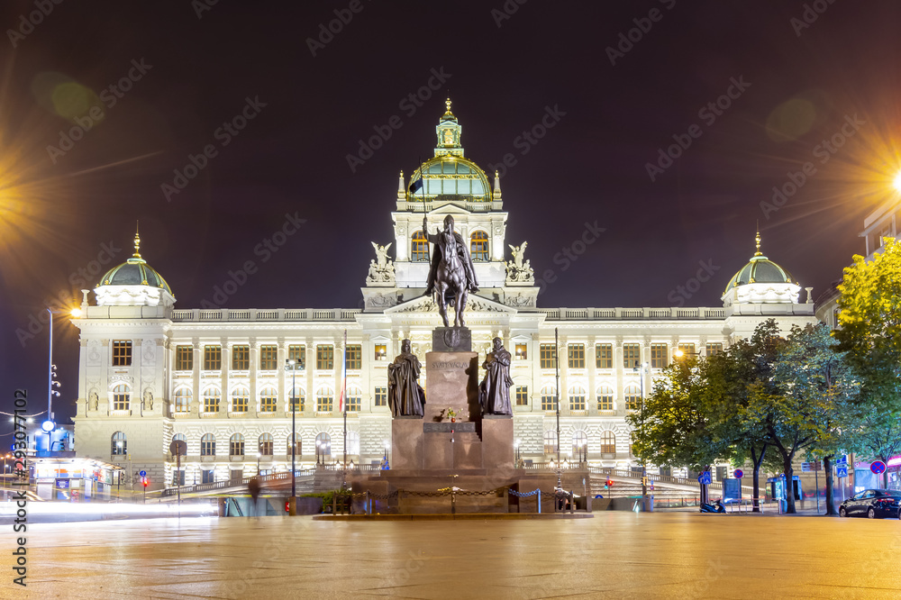 Naklejka premium National Museum on Wenceslas Square at night, Prague, Czech Republic
