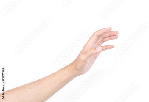 Man hands holding something on white background for product advertising concept