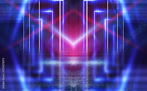 Dark abstract futuristic background. Neon lines glow. Neon lines, shapes. Pink-blue glow. Empty Stage Background