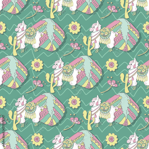 Cute calm llama alpaca pattern with succulents on green background, vector