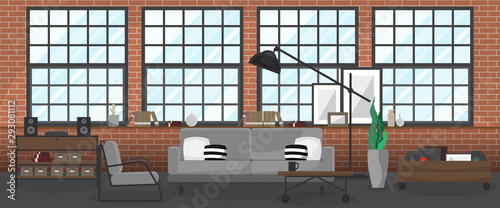 Industrial Interior flat design, Loft modern living room in dark tone furniture with red brick wall