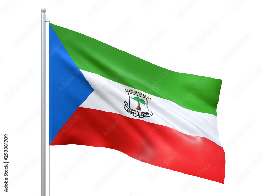 Equatorial Guinea flag waving on white background, close up, isolated. 3D render Equatorial Guinea flag waving on white background, close up, isolated. 3D render
