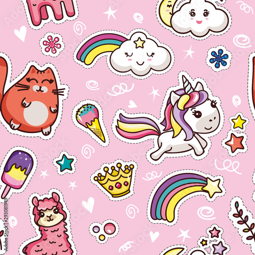 Cute Kawai Seamless Pattern on Pink Background