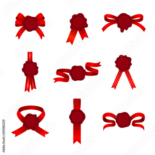 Set Of Btright Red Baws, Ribbons And Cockades Or Rosettes Of Different Shapes Vector Illustrations