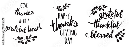 Thanksgiving set phrases Grateful thankful blessed text floral black autumn branch black photo