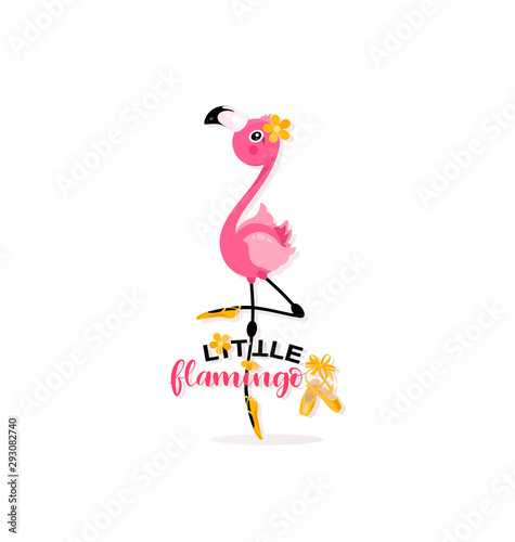 Little flamingo and pointe shoes. Prima ballet. Yellow pointe shoes for pink flamingos. Flamingo is dancing.
