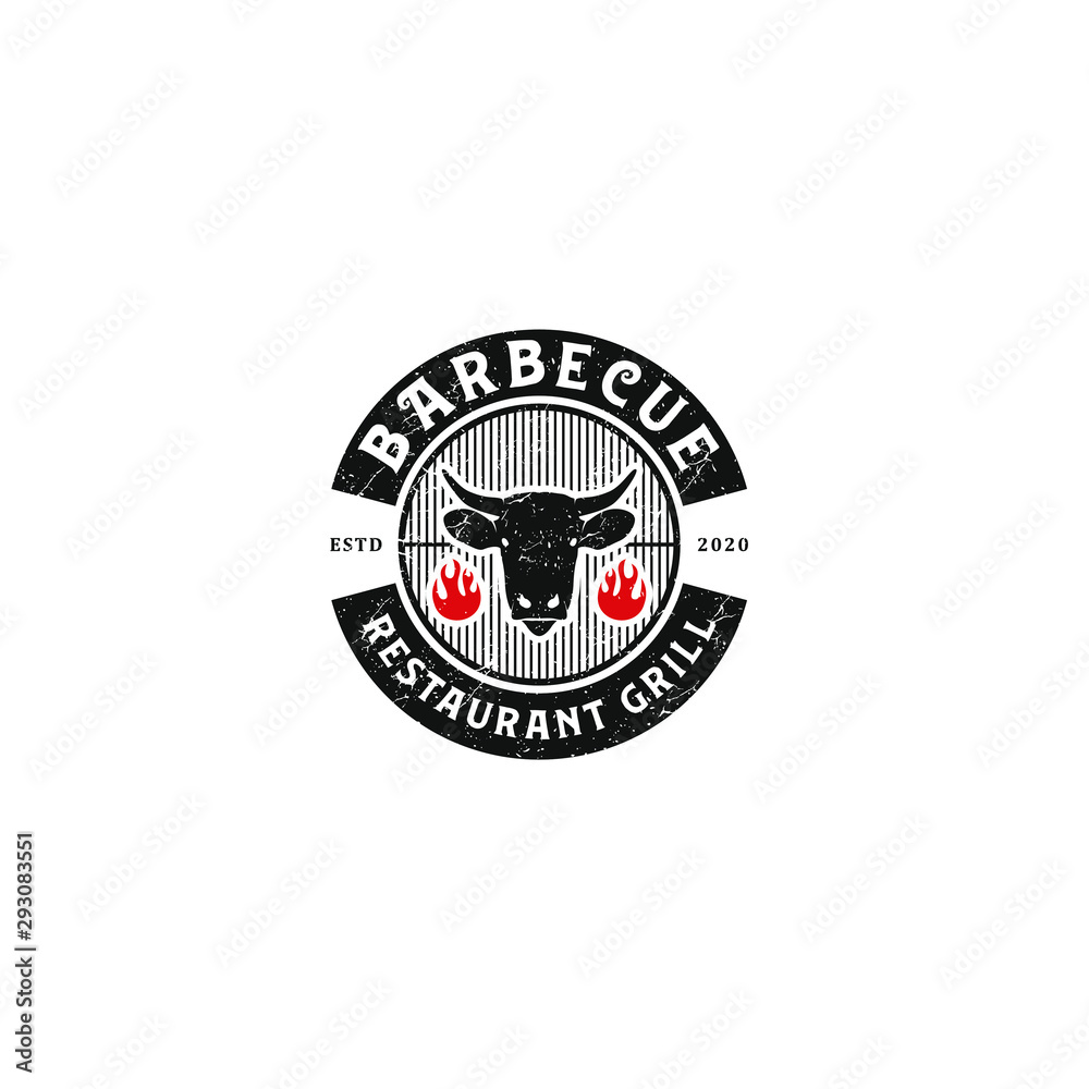 Barbecue bbq grill restaurant food drink logo design - barbeque fire cow meat sausage spatula element
