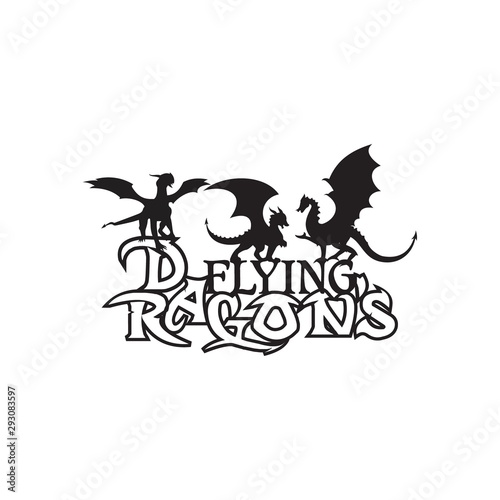 Vector illustrations of stylized three dragon flying above letter element design