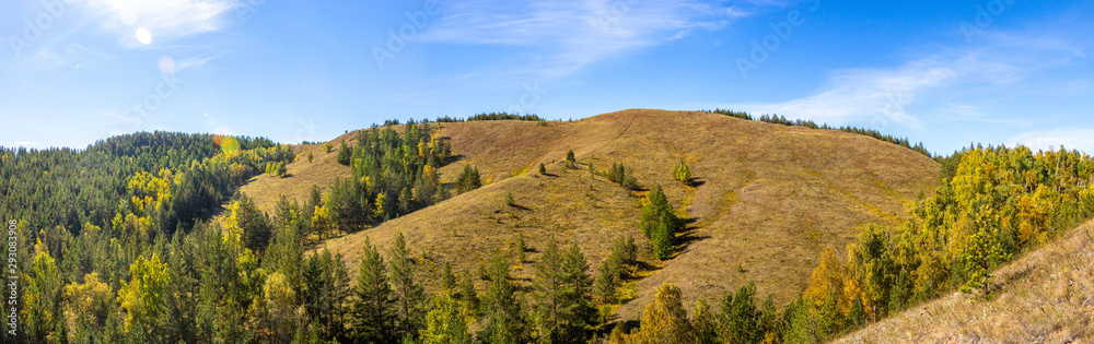 Fototapeta premium Nuraly mountain range near Zyuratkul national park. Nuraly mountain range is located on the border of the Bashkortostan republic and Chelyabinsk region. Bashkortostan, South Ural, Russia