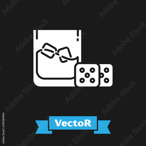 White Game dice and glass of whiskey with ice cubes icon isolated on black background. Casino gambling. Vector Illustration