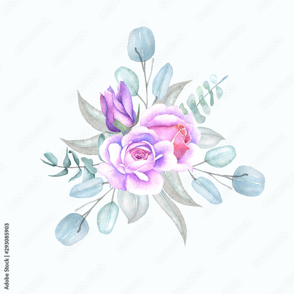 Obraz premium Illustration of a bouquet of roses on a white background for wedding design, invitations, fabric and paper production.