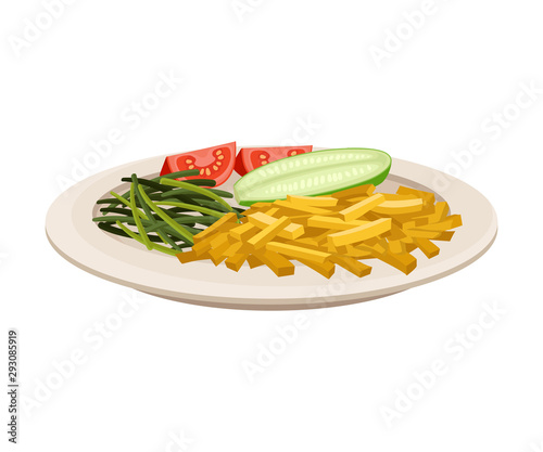 Vegetarian Dish With French Fries And Vegetables Vector Illustration