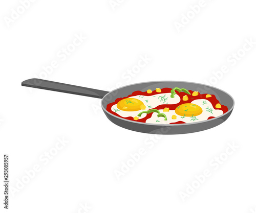 Fried Eggs With Vegetables And Sauce On Pot Vector Illustration