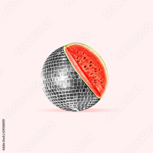 Unusual combination of usual things. Disco ball as an watermelon on trendy coral background. Negative space. Modern design. Copyspace. Contemporary art. Creative conceptual and colorful collage.