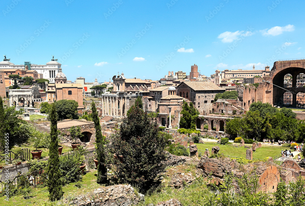 Roman Forum as seen from the Palatine Hill on a bright summer's day.