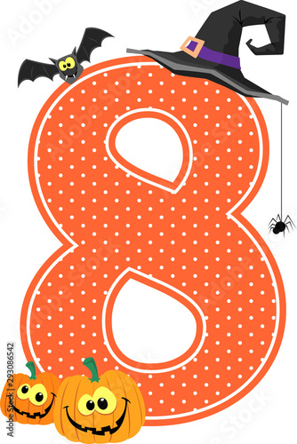 number 8 with smiling pumpkins and halloween design elements isolated on white background. can be used for nursery decoration or halloween paty invitation