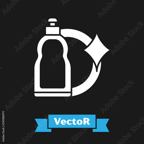 White Plastic bottle for liquid laundry detergent, bleach, dishwashing liquid or another cleaning agent icon isolated on black background. Vector Illustration