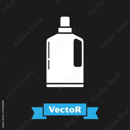 White Plastic bottle for liquid laundry detergent, bleach, dishwashing liquid or another cleaning agent icon isolated on black background. Vector Illustration