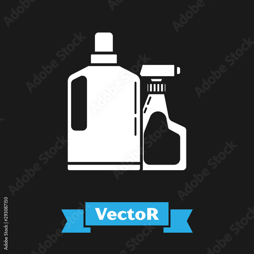 White Plastic bottles for liquid laundry detergent, bleach, dishwashing liquid or another cleaning agent icon isolated on black background. Vector Illustration
