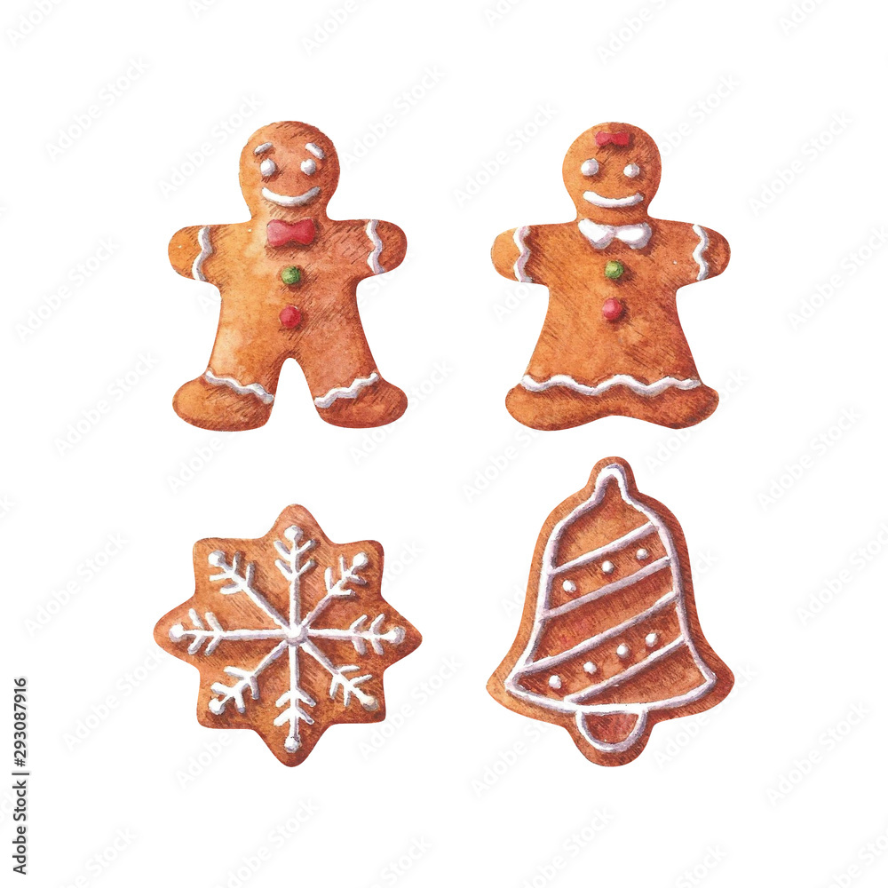 Fototapeta premium Collection of Christmas gingerbreads, girl, boy, snowflake and jingle bell. Watercolor illustration isolated on white background. Handdrawn clipart.