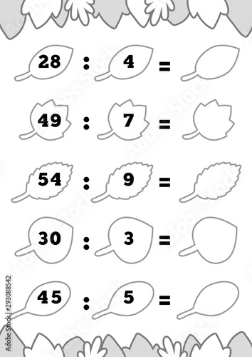 Counting Game for Preschool Children. Educational a mathematical game. Division worksheets, autumn, leaves