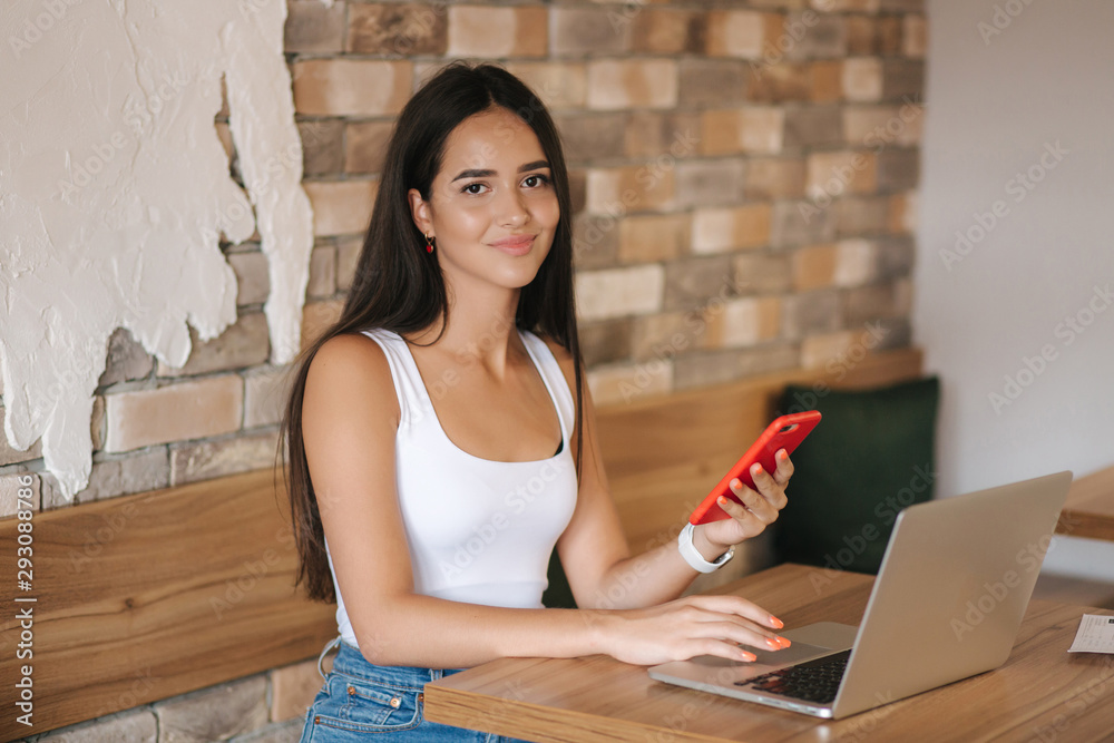 Attractive smart girl working on laptop in cafe. Beautiful girl using computer for work. Girl grinking cappuccino in cafe. Olnile work, freelancer Attractive smart girl working on laptop in cafe. Beautiful girl using computer for work. Girl grinking cappuccino in cafe. Olnile work, freelancer
