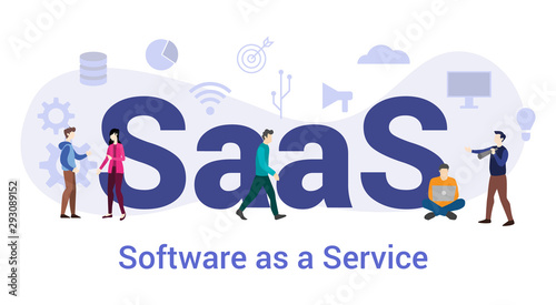 saas software as a service concept with big word or text and team people with modern flat style - vector photo