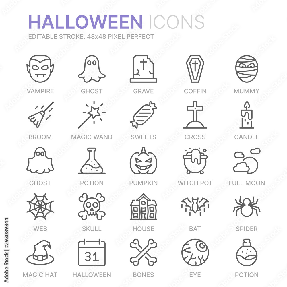 Collection of halloween related line icons. 48x48 Pixel Perfect. Editable stroke