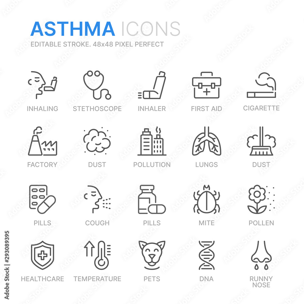 Collection of ashma related line icons. 48x48 Pixel Perfect. Editable stroke Collection of ashma related line icons. 48x48 Pixel Perfect. Editable stroke
