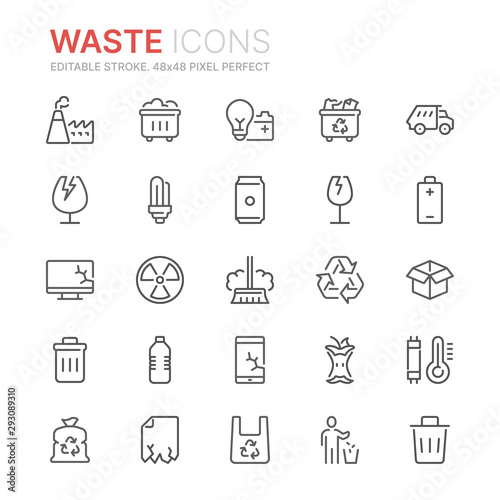 Collection of waste and garbage related line icons. 48x48 Pixel Perfect. Editable stroke