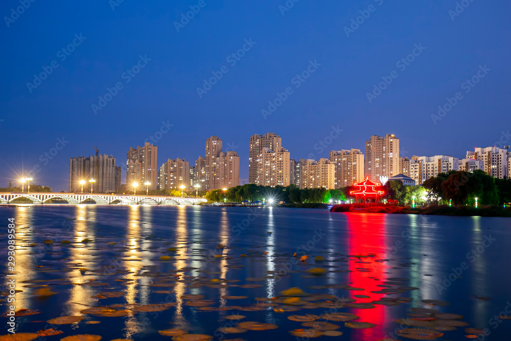 Obraz premium The city at night is by the river