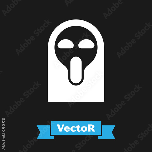 White Funny and scary ghost mask for Halloween icon isolated on black background. Happy Halloween party. Vector Illustration