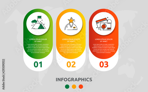 Vector modern infographic flat template pin for three paper label, diagram, graph, presentation. Business concept with 3 options and marks. Blank space for content, step for step, timeline, workflow
