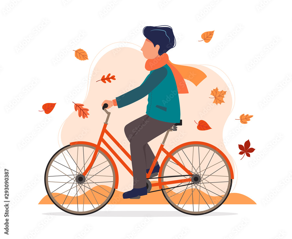 Man with a bike in autumn. Vector illustration in flat style