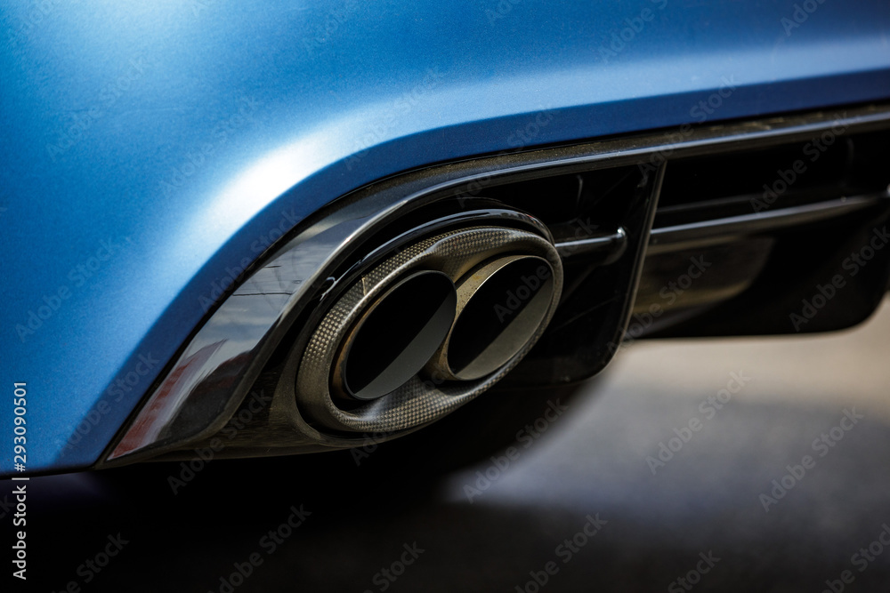car dual exhaust pipe, close up photo car dual exhaust pipe, close up photo