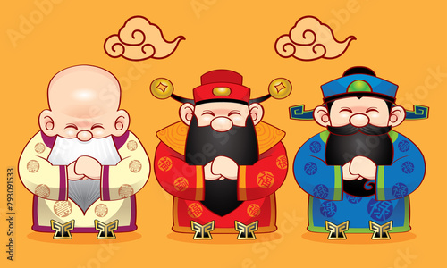 Three cute Chinese gods which represent long life, wealth and career, with greeting posts. 