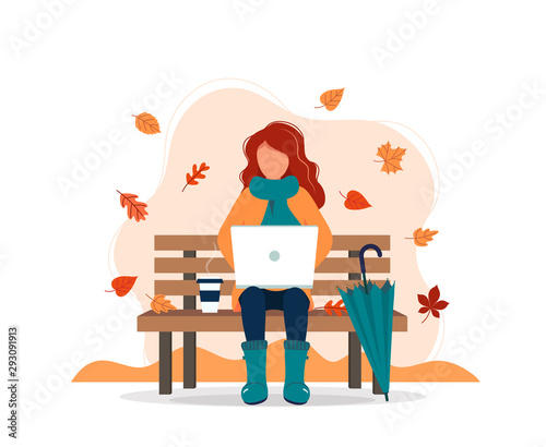 Woman with laptop sitting on bench in autumn. Vector illustration in flat style
