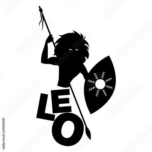 Tribal zodiac. Leo. Lion-headed man, holding a spear and holding a shield, isolated on white background
