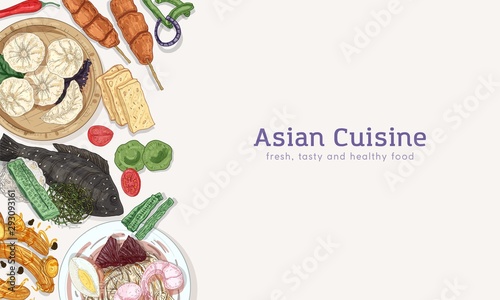 Asian cuisine hand drawn banner vector template. Traditional oriental dishes and appetizers realistic illustrations. Culinary background with place for text. Restaurant advertising horizontal layout.