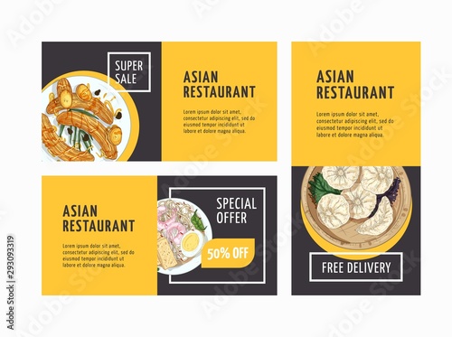 Asian restaurant advertising flyers templates set. Oriental cuisine cafe promo leaflets design layouts. Hand drawn exotic dishes. Special offer banner with realistic illustrations and place for text.