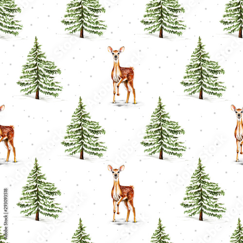 Christmas pattern with sika deer and spruce trees. Winter forest Ornament. 