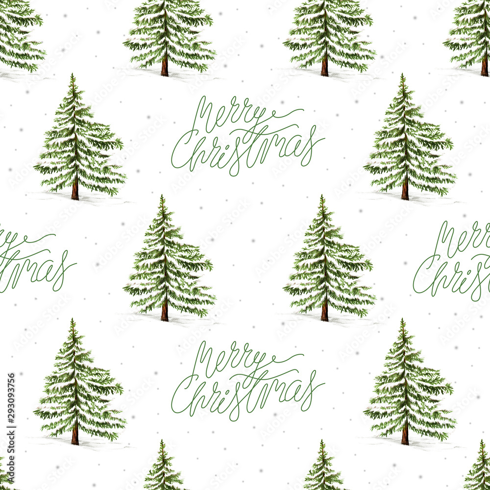 Seamless Christmas pattern with spruce tree and Merry Christmas lettering