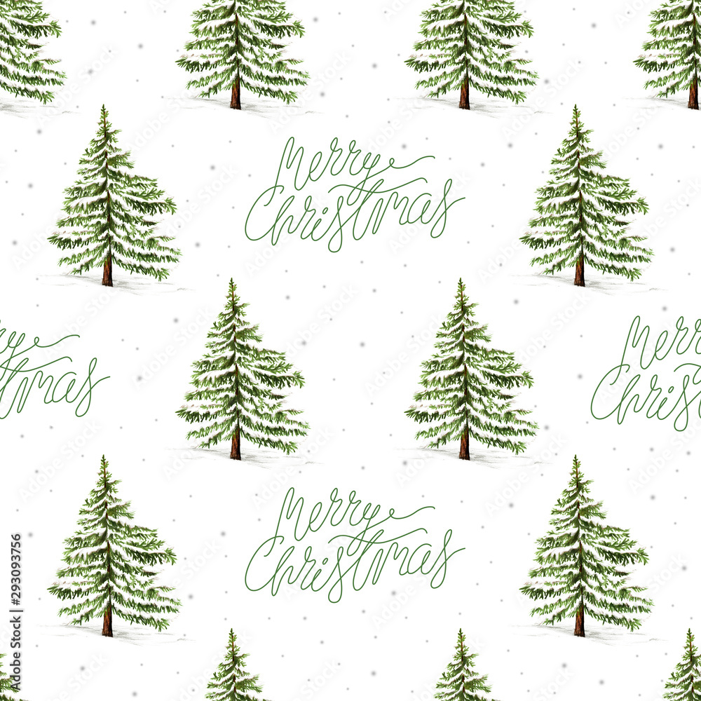 Fototapeta premium Merry Christmas lettering and Xmas tree in snow, Christmas holidays seamless pattern