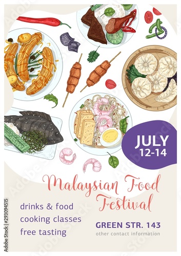 Malaysian food festival vector poster template. Asian traditional cuisine realistic hand drawn background, backdrop. Chinese meal and Thai gourmet snacks vintage placard, invitation card design.